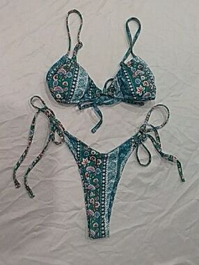 Teal Paisley String Bikini Set